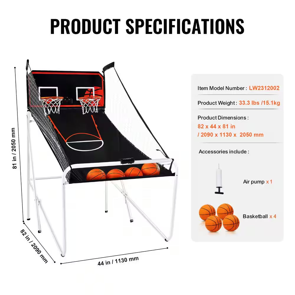 Foldable Basketball Arcade Game, 2-Player Indoor Sport, Dual Shot with 8-Modes, Electronic Scoreboard, Black and White