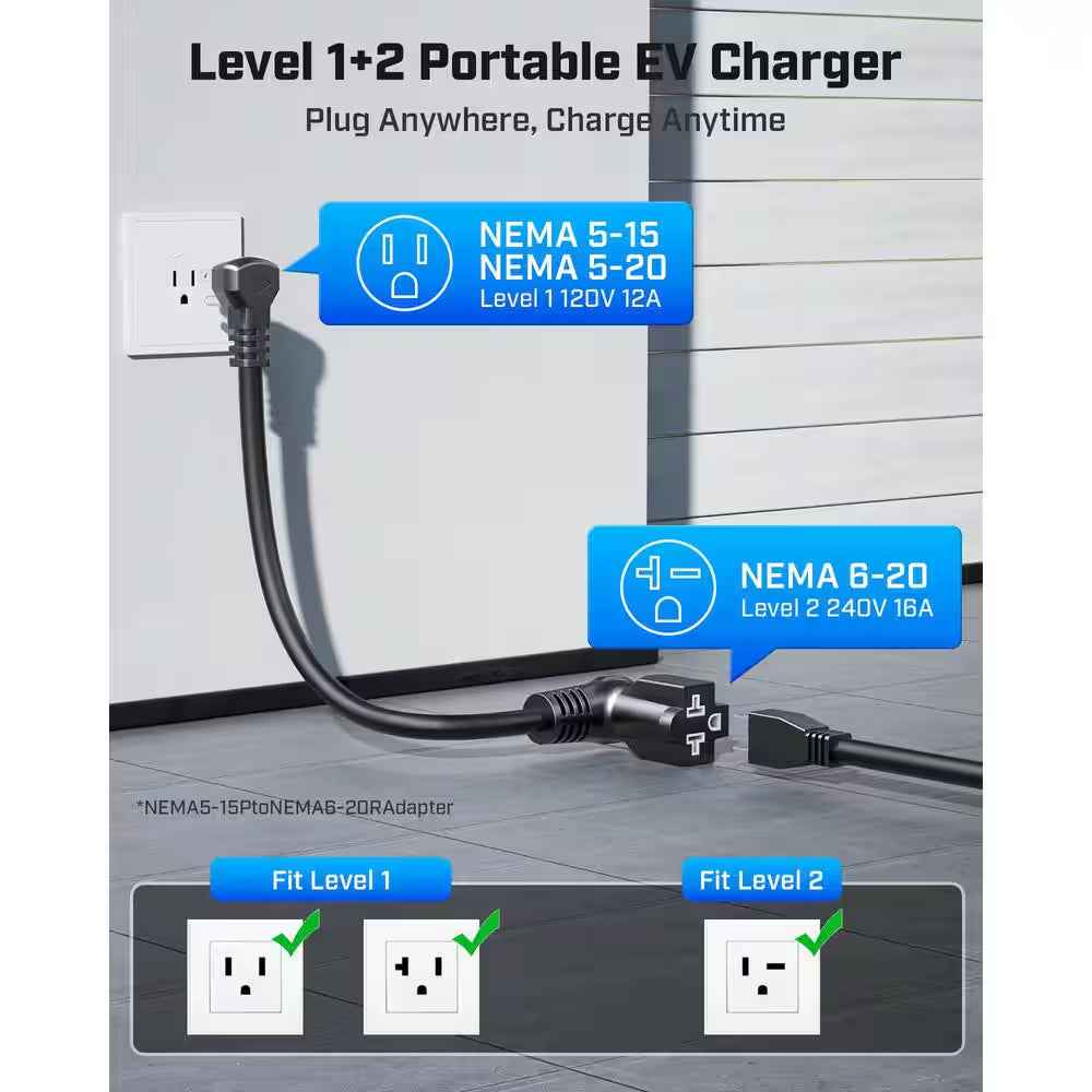 21Ft 110-240 Volt Portable EV Charging Cable Adjustable Current Timer J1772 Electric Car Charger Cord