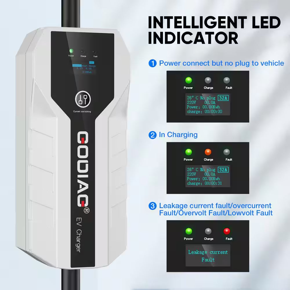 20 Ft 110-240-Volt Portable Electric Car Charger Level 1 2 16A Adjustable Plug-In Hybrid EV LCD Screen