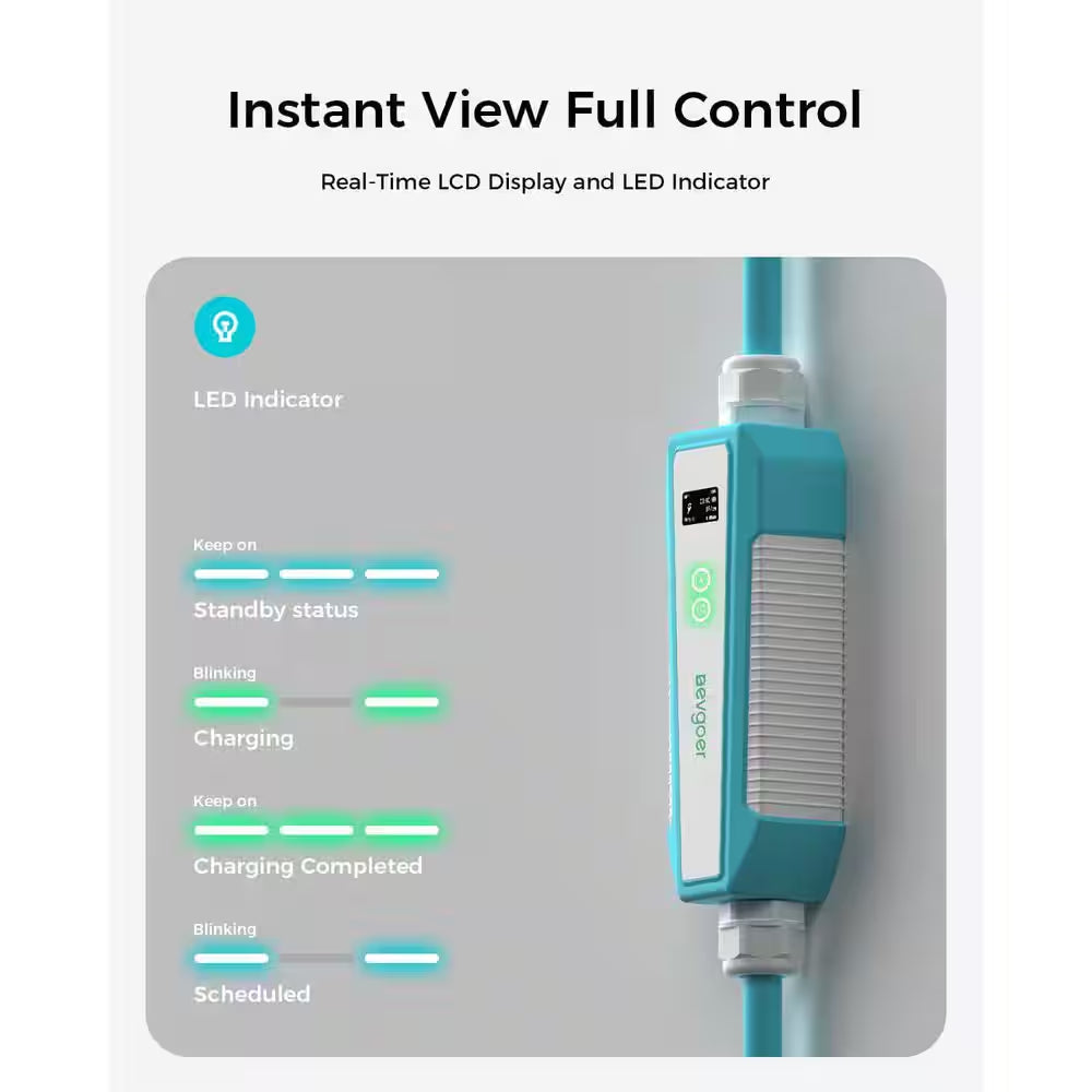 20Ft 110-240 Volt Electric Vehicle Charger Level 1 and 2 Portable Home Charging Station Adjustable Current Timer IP66