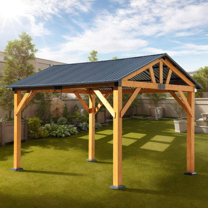 [09X11] Heavy Duty All-Weather Hard Top Wooden Carport Gazebo With Galvanized Steel Roof (SAK39187)