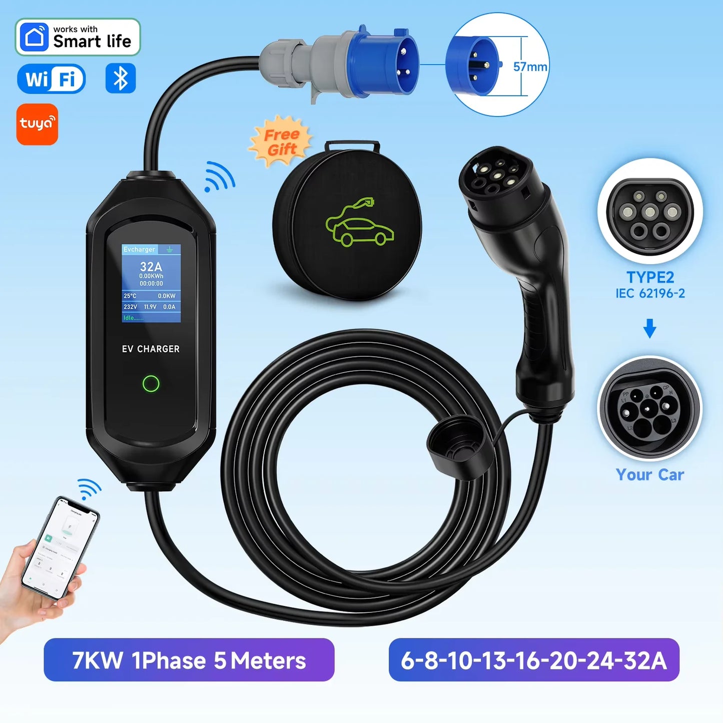 7KW 32A 1Phase Portable EV Charger Type2 Electric Car Charger Type1/Gbt EVSE Fast Charging Cable Wifi APP Bluetooth Control