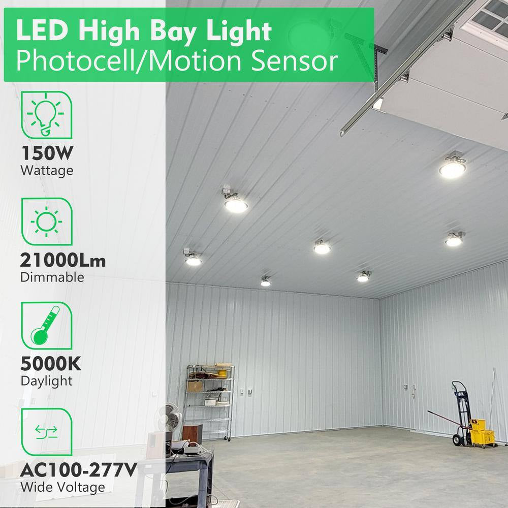 4Pack 150W LED High Bay Light with Motion Sensor 37500Lm High Bay LED Light AC100-277V UFO High Bay Shop Light