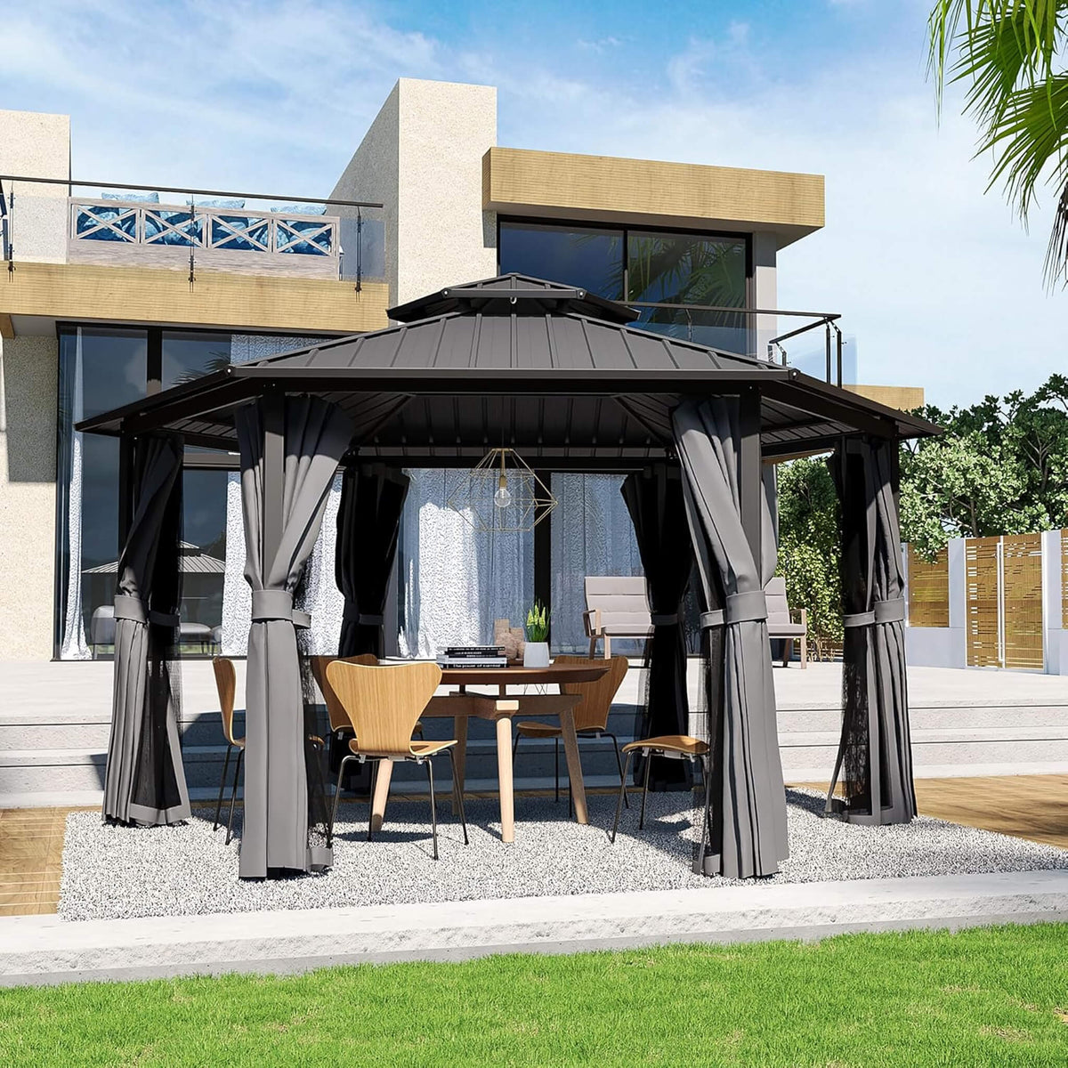[13X15FT] Alora Hardtop Hexagonal Gazebo With Curtains And Netting [No Furniture] (SAK60713)