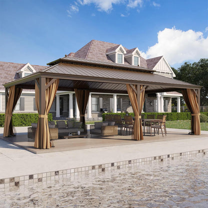 [14x24FT] Heavy Duty Aluminum Galvanized Steel Double Roof Hardtop Gazebo With Netting And Curtains (SAK41853)