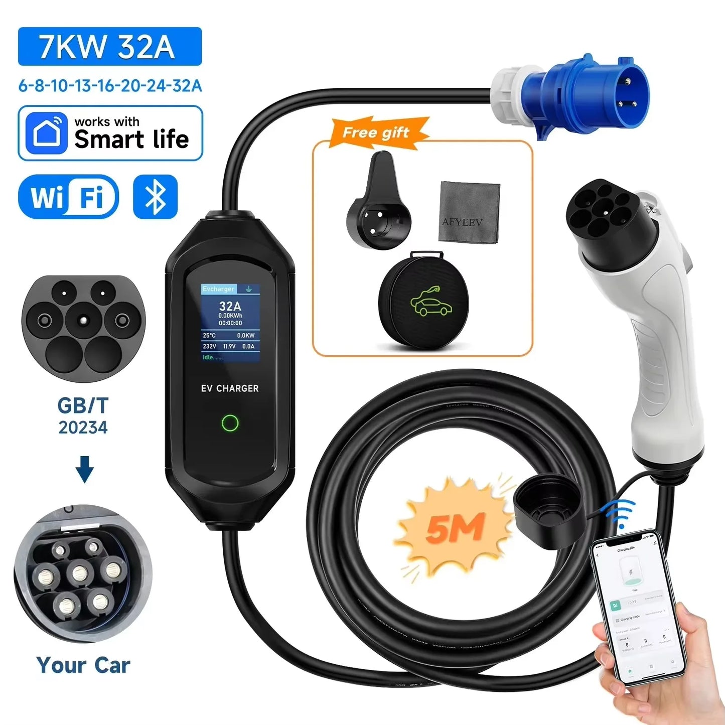 Type2 IEC62196-2 Portable EV Charger 7KW 32A Type1 J1772 EVSE Fast Charging Cable GBT 20234 CEE Plug Wifi APP Bluetooth Control