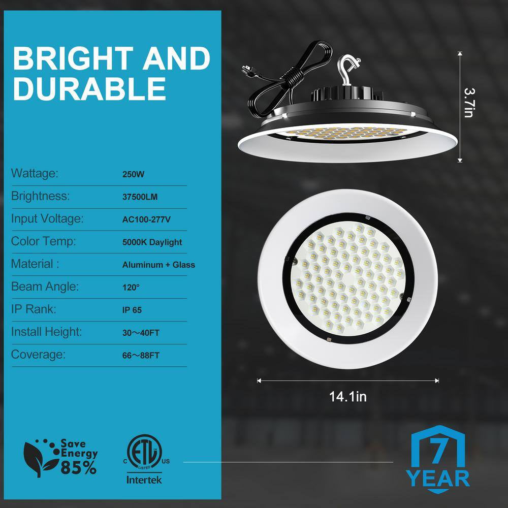 6Pack of 250W LED High Bay Light 37500LM High Bay LED Shop Lights AC100-277V Commercial Bay Lighting for Warehouse
