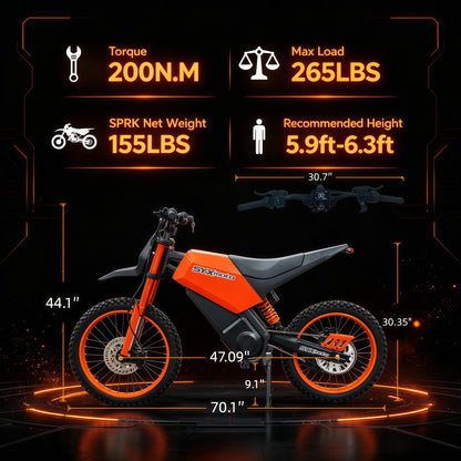 SPRK Electric Dirt Bike | 5500W Peak, 43MPH High Speed Off-Road Trail Motorcycle (60V 27Ah)