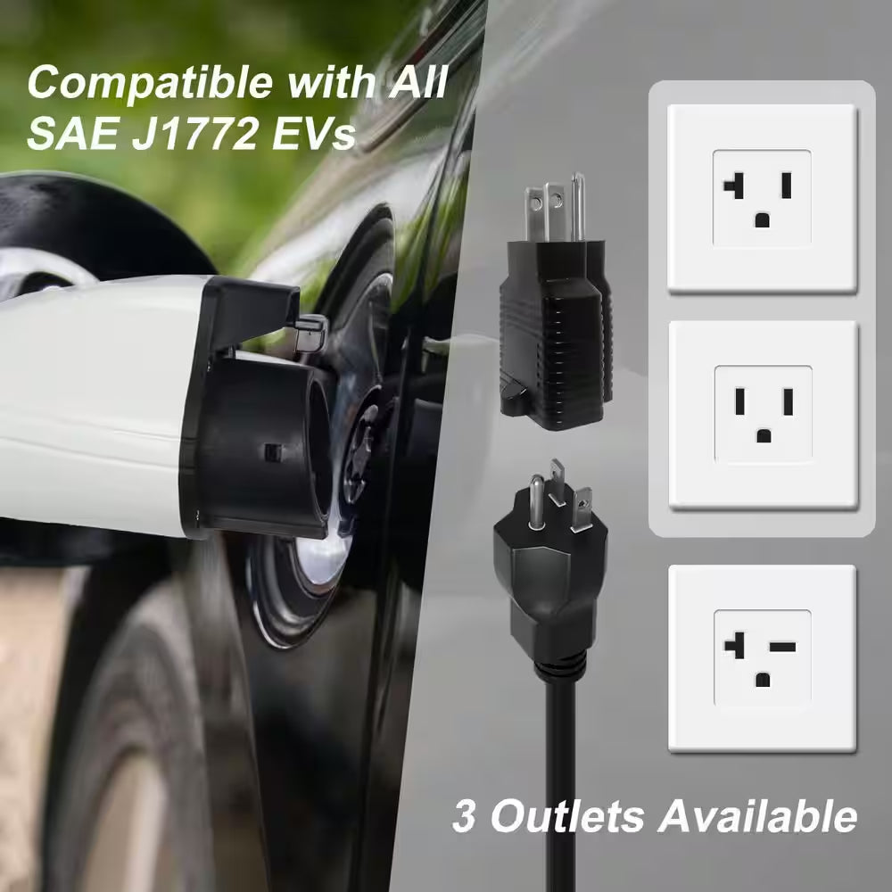 25Ft 240-Volt Level 1-2 Portable EV Charger NEMA 6-20 Plug with 5-15 Adapter SAE J1772 Compatible Safe Fast Charge