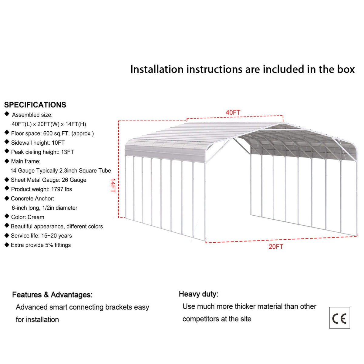 [20X40FT] Alora Heavy-Duty Outdoor High-Clearance Metal Carport (SAK67509)