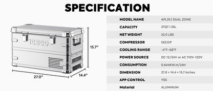 ICECO APL35 Dual Zone Aluminum Fridge Freezer 35 LT