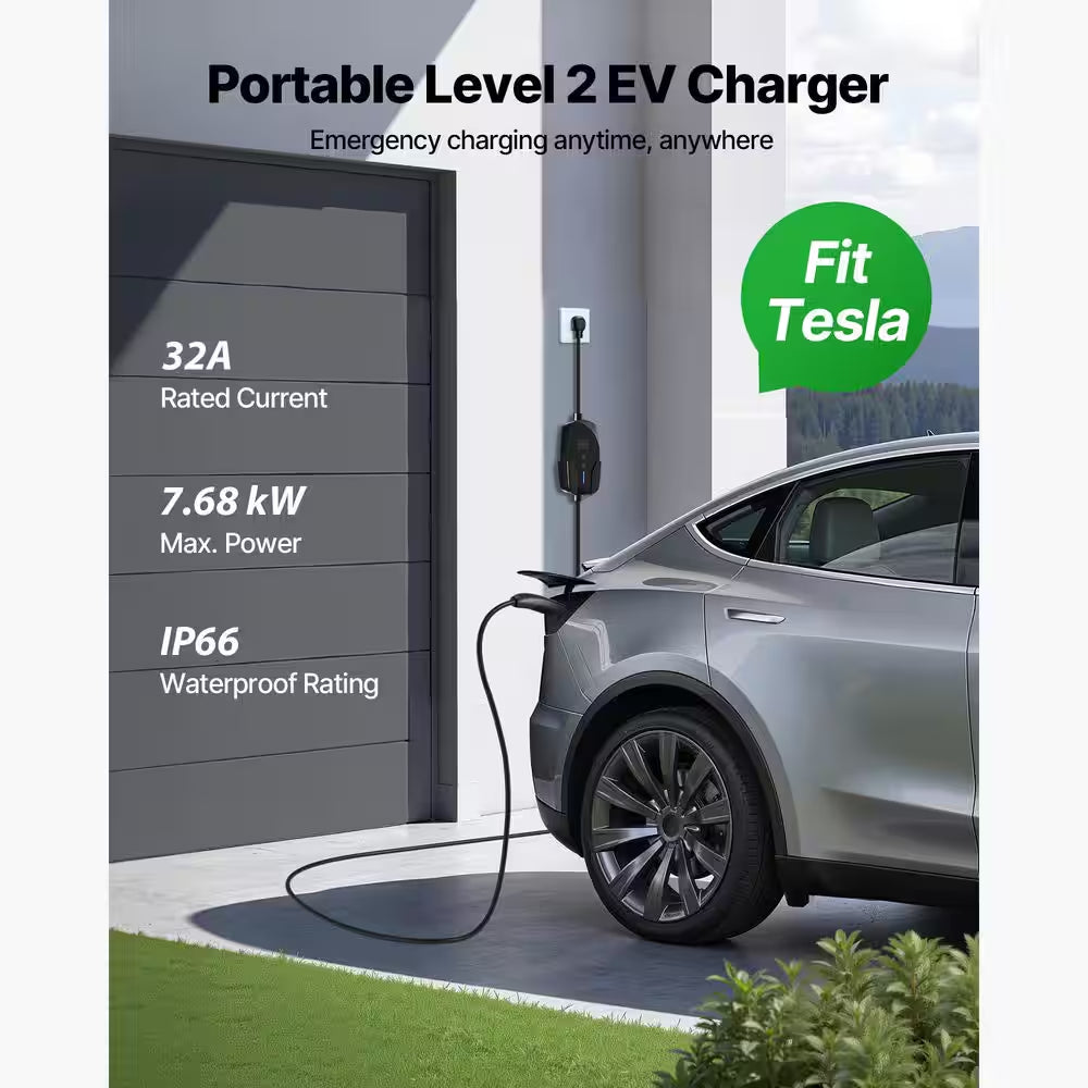 Level 2 Tesla Charger 32 Amp Adjustable Current 240V Home Electric Car EV Charger 25Ft. Charging Cable NEMA 14-50P Plug