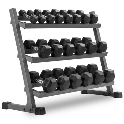 5-50 lb Rubber Hex Dumbbell Set with 3-Tier Storage Rack