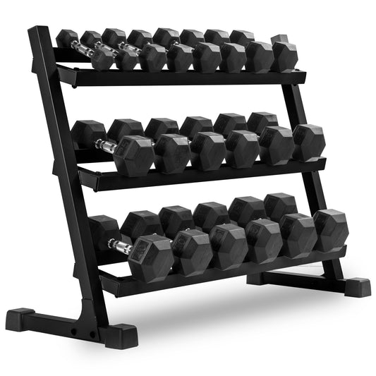 5-50 lb Rubber Hex Dumbbell Set with 3-Tier Storage Rack