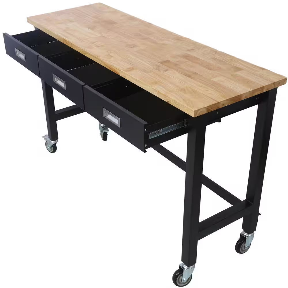 60 In. W X 20 In. D Black Workbench Table with Drawers, Solid Wood Top and Wheels for Garage Home Office