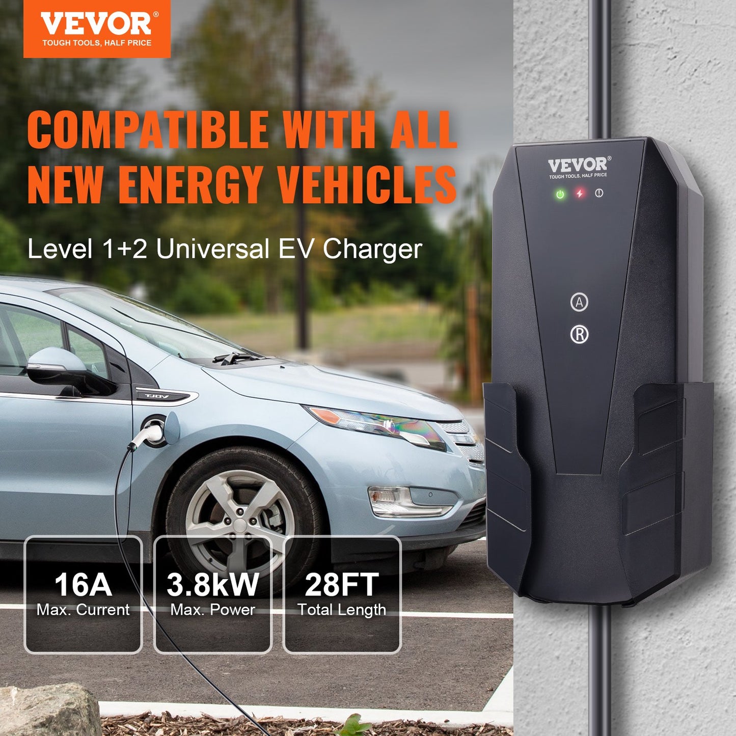 Portable EV Charger, 16 Amp 120V or 240V, Electric Vehicle Charger with 28-Foot Charging Cable NEMA 6-20P Plug NEMA 5-15 Adapter, Plug-In Home EV Charging Station for SAE J1772 Evs