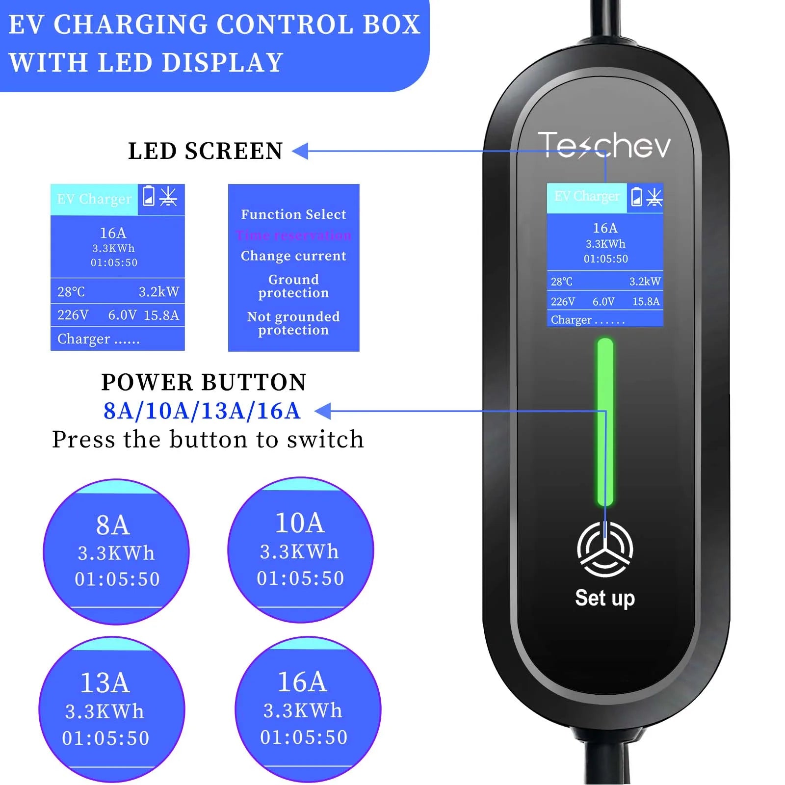 Portable EV Charger Type2 IEC 62196 / GB/T Plug Connector 3.5KW 16A 1Phase Type 1 Wallbox Charging Station for Electric Vehicle