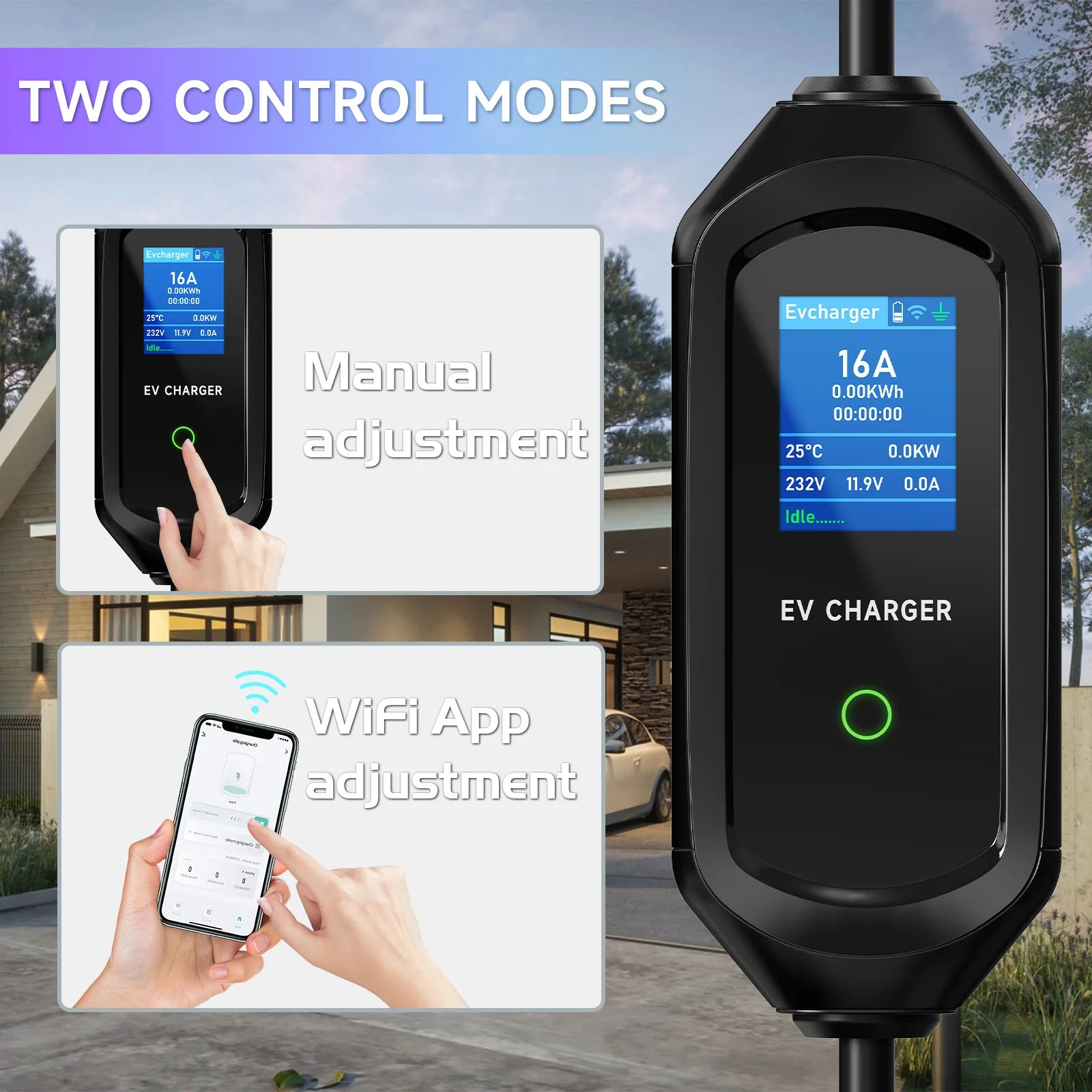 7KW 32A 1Phase Portable EV Charger Type2 Electric Car Charger Type1/Gbt EVSE Fast Charging Cable Wifi APP Bluetooth Control