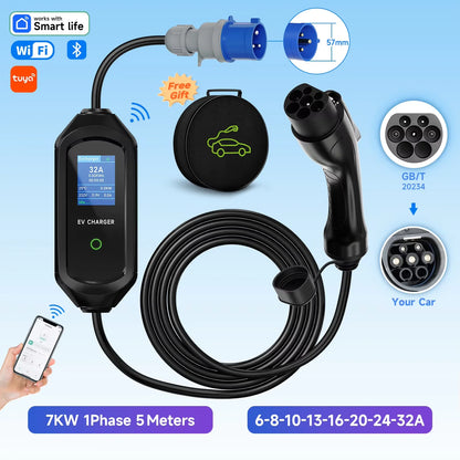 7KW 32A 1Phase Portable EV Charger Type2 Electric Car Charger Type1/Gbt EVSE Fast Charging Cable Wifi APP Bluetooth Control