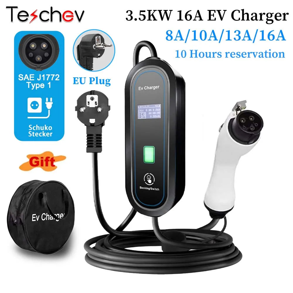 Portable EV Charger Type2 IEC 62196 / GB/T Plug Connector 3.5KW 16A 1Phase Type 1 Wallbox Charging Station for Electric Vehicle