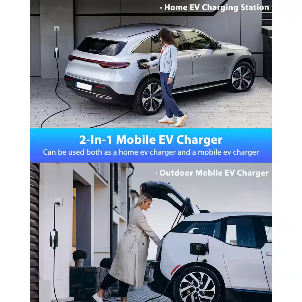 25Ft 110-240 Volt Level 1/2 Portable EV Charger with NEMA 6-20 Plug 5-15 Adapter J1772 Black Electric Car Charging