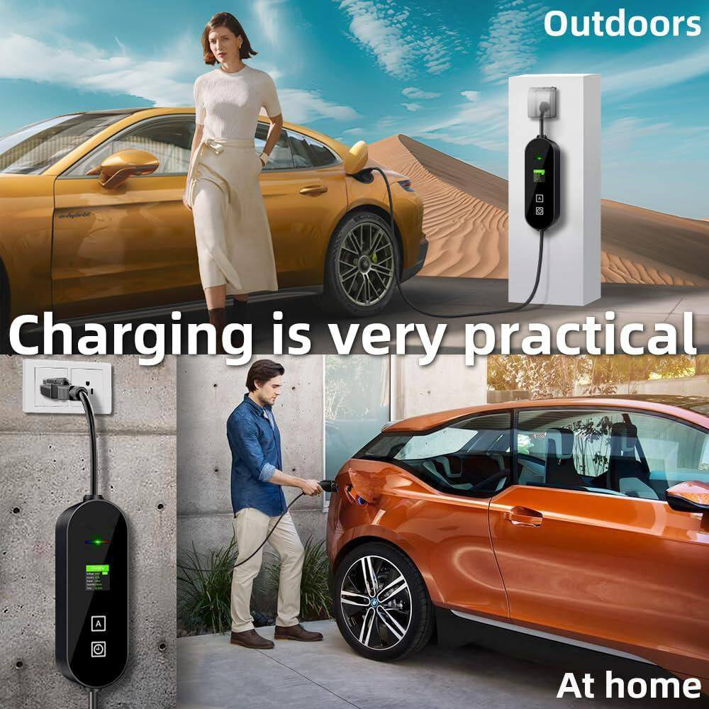 Level 1 and 2 EV Charger 8-16 Amp 110-240 Volt Electric Vehicle Charging Station with NEMA Plugs Portable IP66 LCD