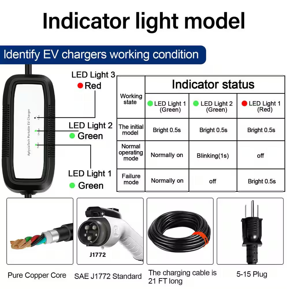 21Ft 110-Volt Portable EV Charger Level 1 15Amp Extension Cord NEMA 5-15P for SAE J1772 Electric Vehicles