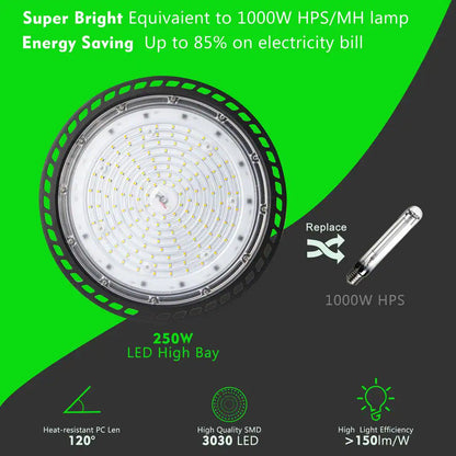 4-Pack of 250-Watt LED High Bay Light 37500LM High Bay LED Shop Lights AC100-277V Commercial Bay Lighting for Warehouse