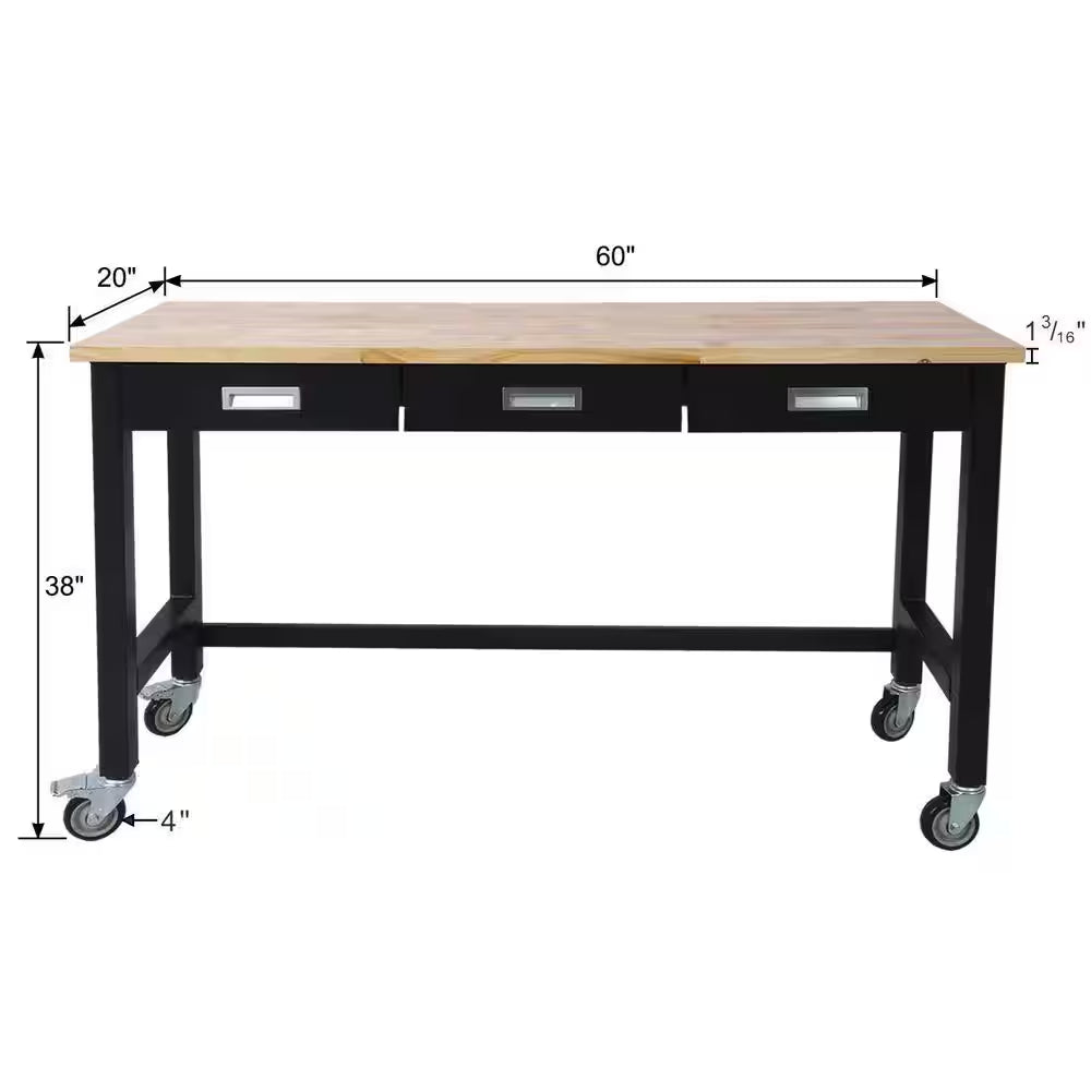 60 In. W X 20 In. D Black Workbench Table with Drawers, Solid Wood Top and Wheels for Garage Home Office