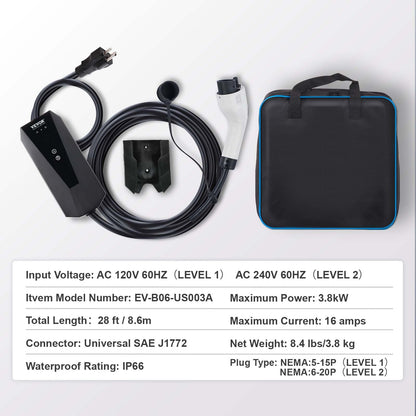 Portable EV Charger, 16 Amp 120V or 240V, Electric Vehicle Charger with 28-Foot Charging Cable NEMA 6-20P Plug NEMA 5-15 Adapter, Plug-In Home EV Charging Station for SAE J1772 Evs