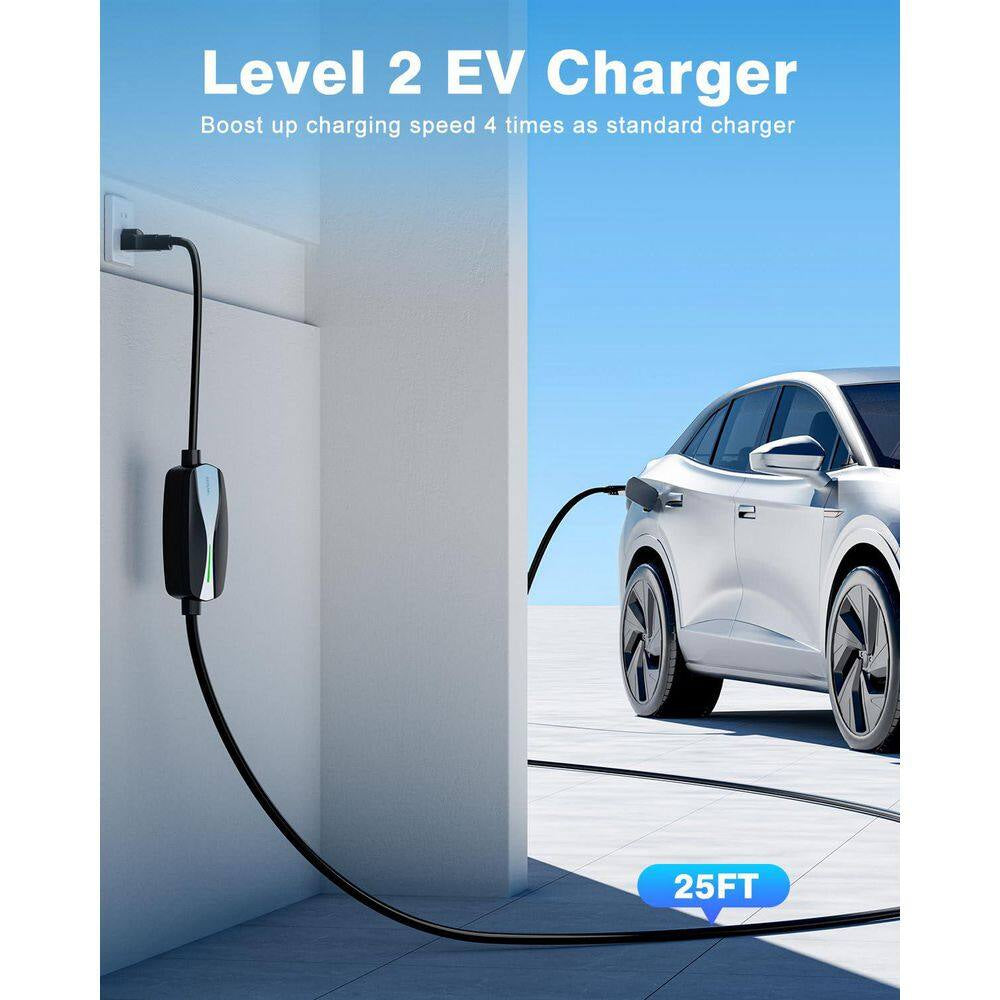 25Ft 110-240 Volt Level 1/2 Portable EV Charger with NEMA 6-20 Plug 5-15 Adapter J1772 Black Electric Car Charging