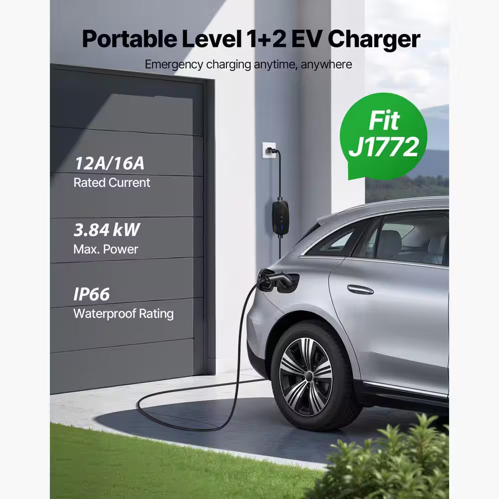 Level 1&2 EV Charger 16 Amp Current Electric Vehicle Charger 25Ft. Cable 120V-240V NEMA 6-20P Plug NEMA 5-15 Adapter