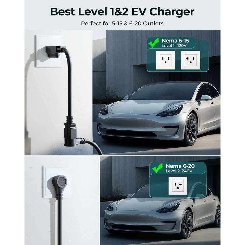 21Ft 110-240-Volt EV Charger Level 1 and Level 2 Adjustable Current NEMA Plugs for Tesla Model Y 3 X S