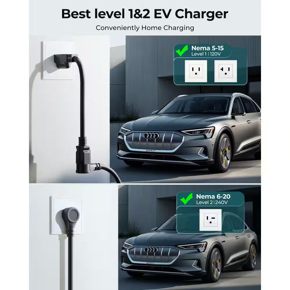 21Ft 240-Volt Electric Car Charger Level 1 2 Adjustable Current 16A SAE J1772 NEMA 5-15 6-20 Plug Portable