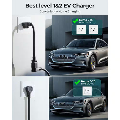 21Ft 240-Volt Electric Car Charger Level 1 2 Adjustable Current 16A SAE J1772 NEMA 5-15 6-20 Plug Portable