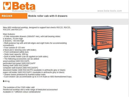 Beta RSC24 Heavy Duty Rolling Tool Cabinet, 8 Drawers, Orange, Ball Bearing Slides, Rubber Mat Liners, 5" Casters, Anti-Fall Edge Worktop, 1760 lbs Load Capacity, Made in Italy