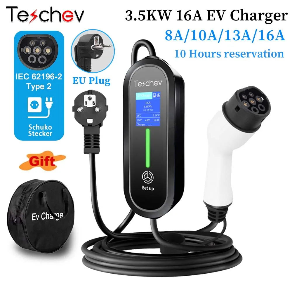 Portable EV Charger Type2 IEC 62196 / GB/T Plug Connector 3.5KW 16A 1Phase Type 1 Wallbox Charging Station for Electric Vehicle