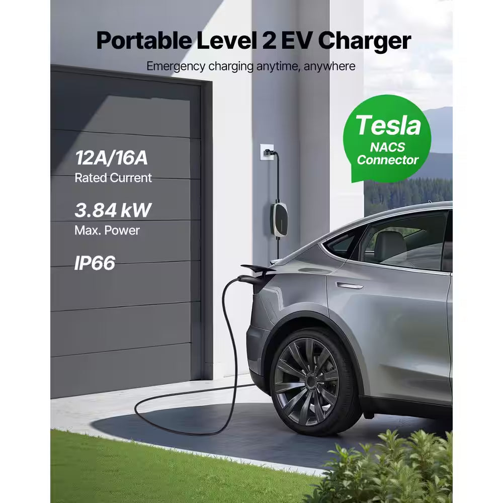 Level 1/2 Tesla Charger 16 Amp Electric Car EV Charger 25Ft. Charging Cable 120V-240V NEMA 6-20P Plug NEMA 5-15 Adapter
