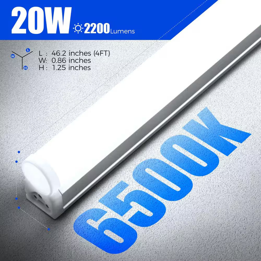 4 Ft. 2200Lm 6500K 20W LED T5 Shop Lights, Ceiling and under Cabinet Light, Corded Electric with On/Off Switch