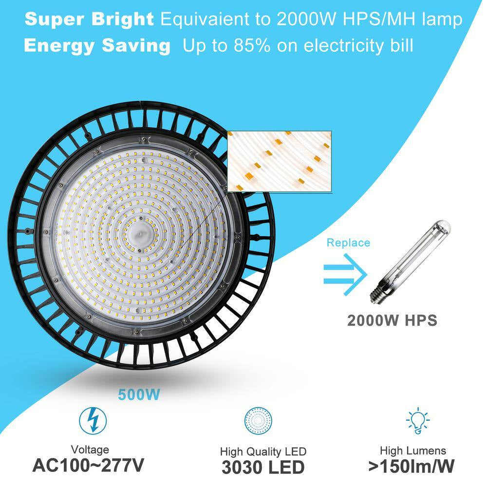 500-Watt LED High Bay Light 75000LM High Bay LED Shop Lights AC100-277V Commercial Bay Lighting for Warehouse (2-Pack)
