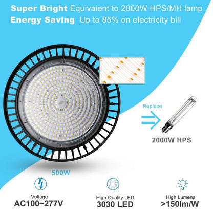 500-Watt LED High Bay Light 75000LM High Bay LED Shop Lights AC100-277V Commercial Bay Lighting for Warehouse (2-Pack)