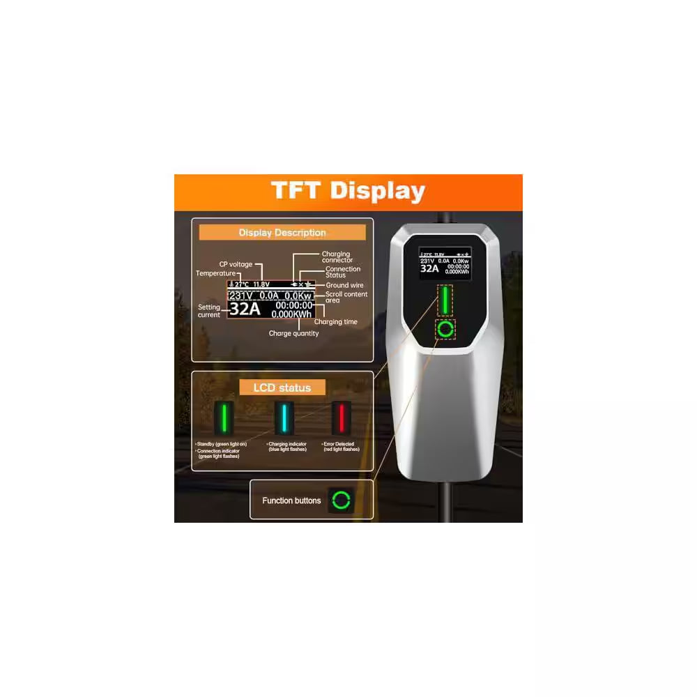 20FT 110-240 Volt Portable Level 1 and 2 EV Charger NEMA 14-50 5-15 Plug with LCD Screen for SAE J1772 Cars