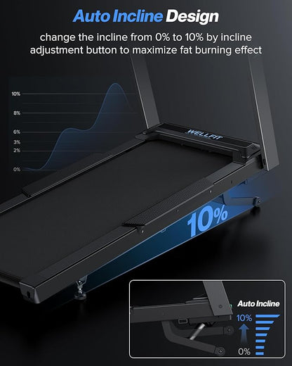 WELLFIT Auto Incline Treadmill, 10% Incline Heavyduty Treadmill with Pulse Sensor, 4.5HP, 10 MPH, 500 lbs Capacity, 20'' x 55'' Running Area Treadmills with Bluetooth Player & LED Display