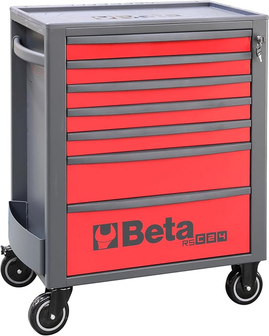 Beta RSC24 Heavy Duty Rolling Tool Cabinet, 7 Drawers, Red, Ball Bearing Slides, Rubber Mat Liners, 5" Casters, Anti-Fall Edge Worktop, 1760 lbs Load Capacity, Made in Italy