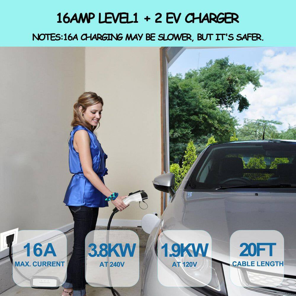 Portable 16A 110-240 Volt Level 1 Level 2 EV Charger with NEMA 6-20 Plug and 5-15 Adapter for J1772