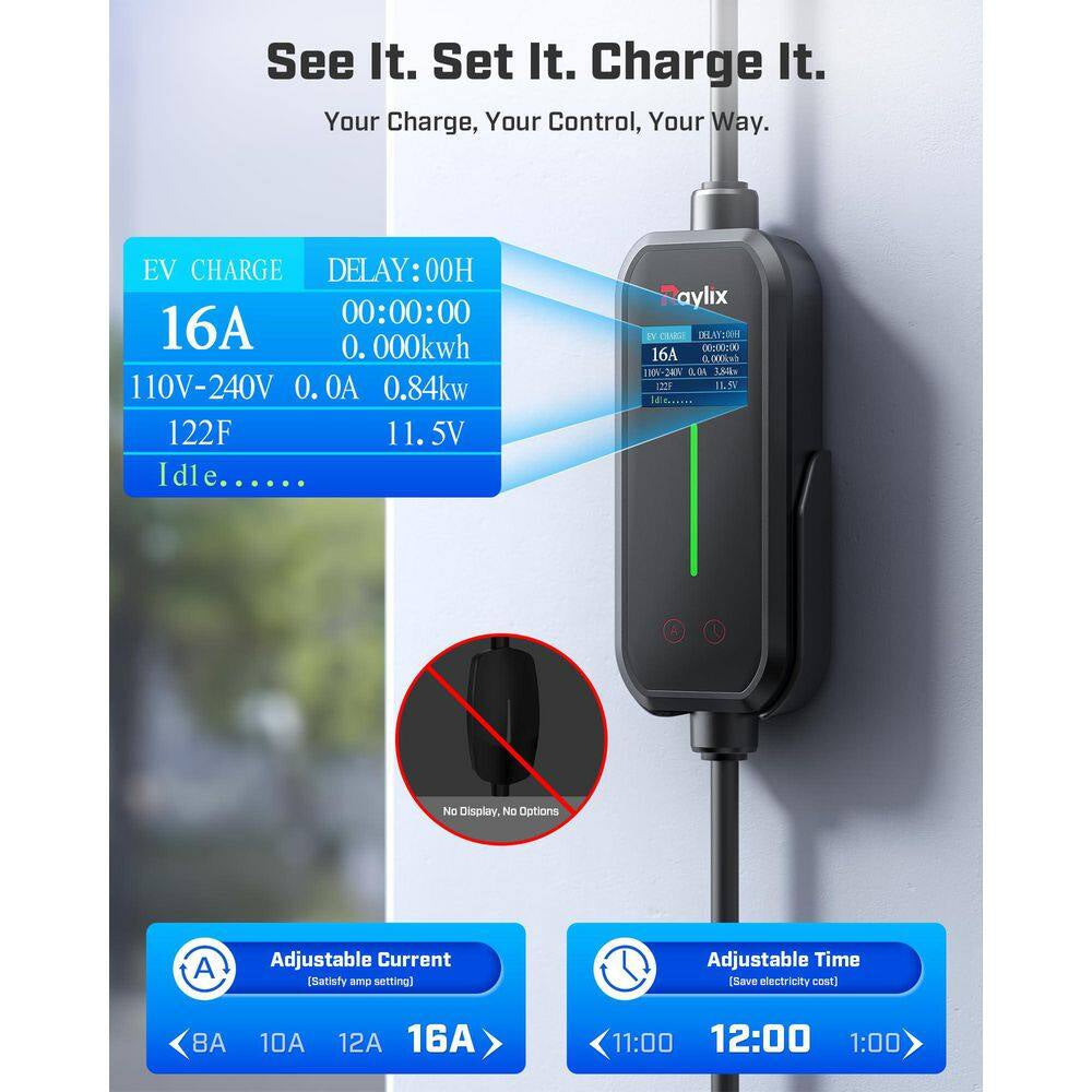 21Ft 110-240 Volt Portable EV Charging Cable Adjustable Current Timer J1772 Electric Car Charger Cord