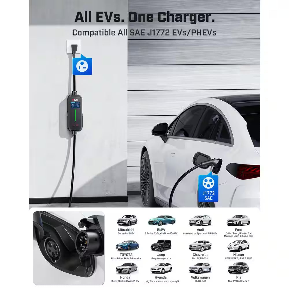 21Ft 110-240 Volt Portable EV Charging Cable Adjustable Current Timer J1772 Electric Car Charger Cord