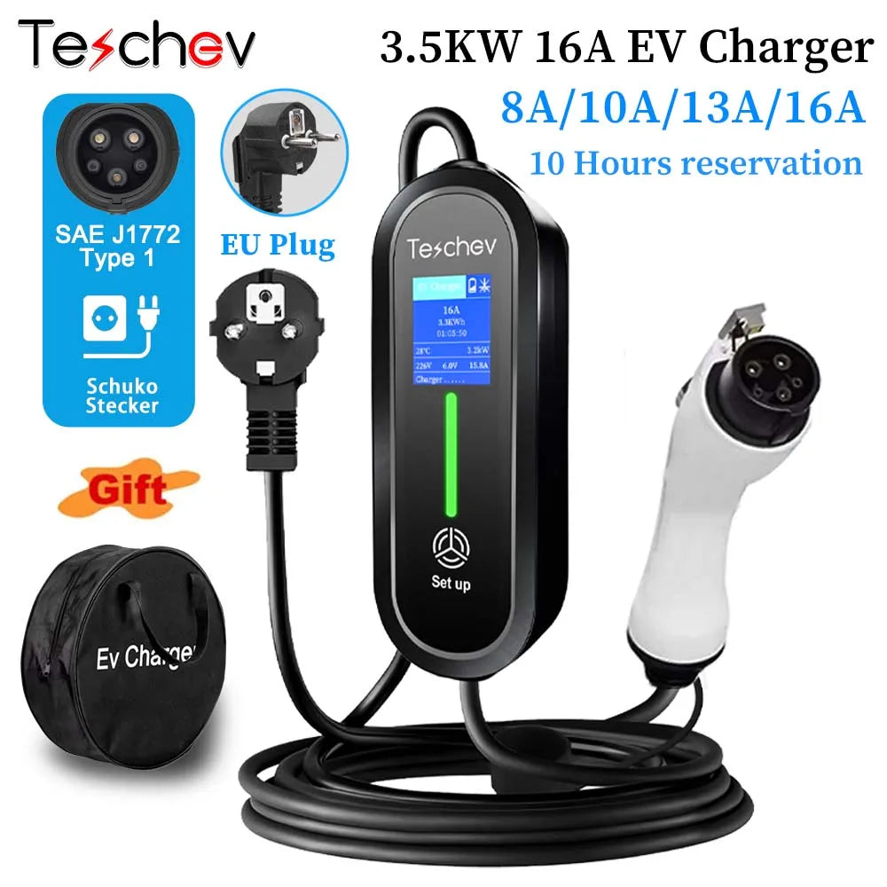 Portable EV Charger Type2 IEC 62196 / GB/T Plug Connector 3.5KW 16A 1Phase Type 1 Wallbox Charging Station for Electric Vehicle