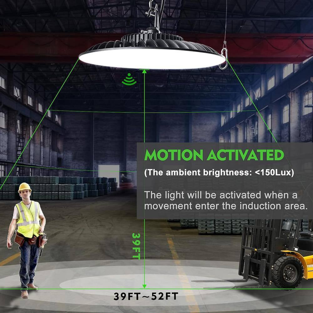 4Pack 150W LED High Bay Light with Motion Sensor 37500Lm High Bay LED Light AC100-277V UFO High Bay Shop Light