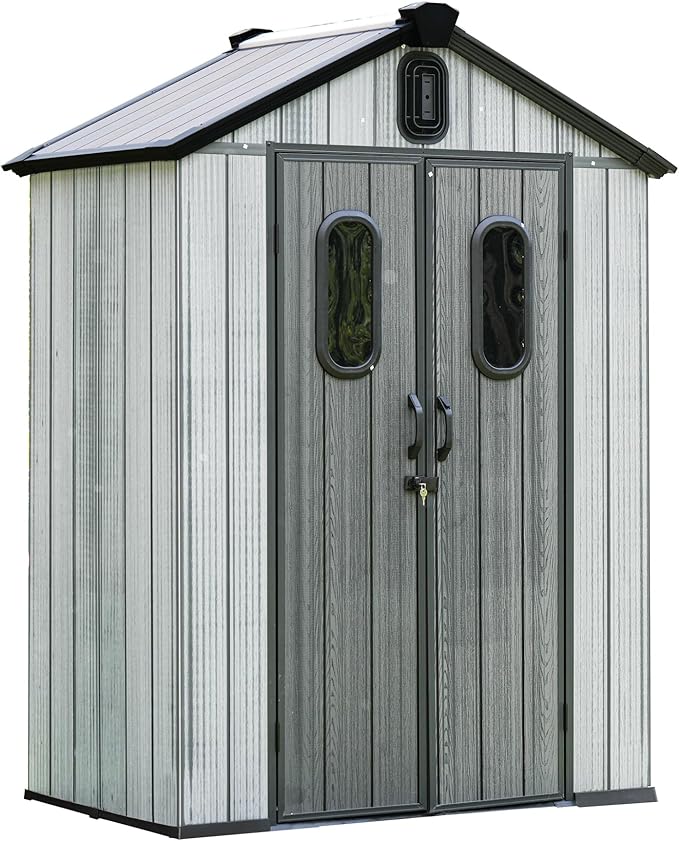 Domi 5x3 FT Outdoor Resin Storage Shed, All-Weather Double-Wall Storage Building for Backyard, Garden, Lawn Tools, Mower, Bike & Pool Equipment, Lockable Doors, Ventilated Roof, Grey
